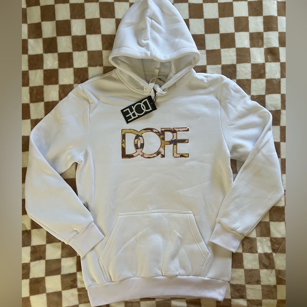DOPE Clothing Camo Logo Pullover Down Hoodie White Men's Medium BNWT